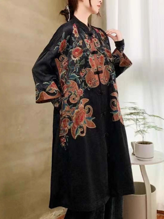 Ženski kaput s etničkim stilom, jacquard satin izvezen, visok ovratnik, srednja duljina