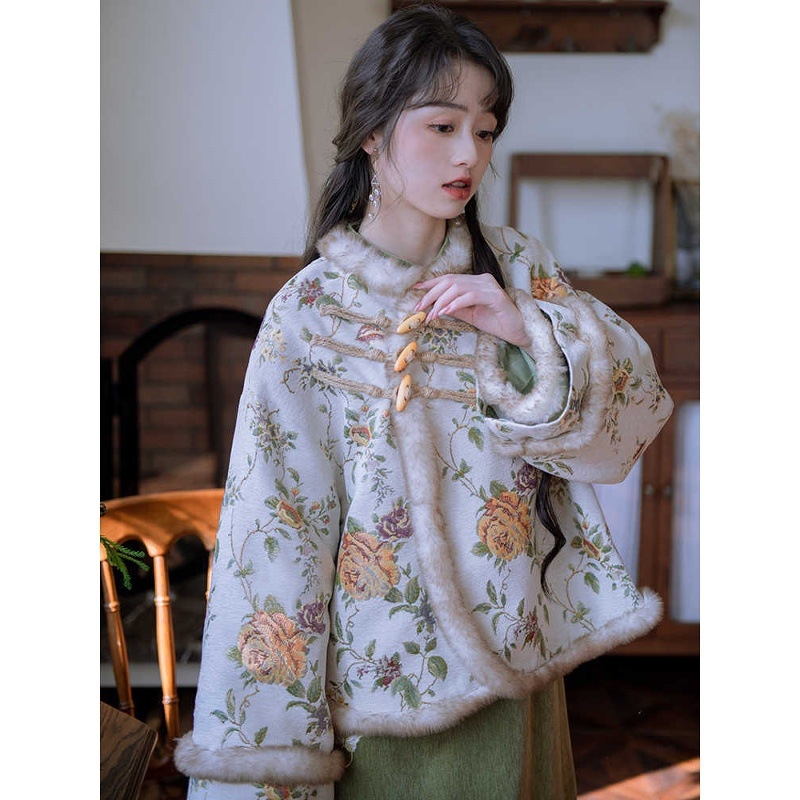 Song Ying jacquard kaput s rogovima gumbima, kratak jesensko-zimski model, širok kroj, mala veličina, kineski stil