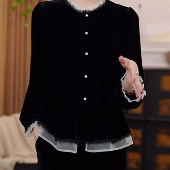 Ženska bluza s francuskim volanima, jesenska moda, elegantna i ležerna, crna baršunasta bluza
