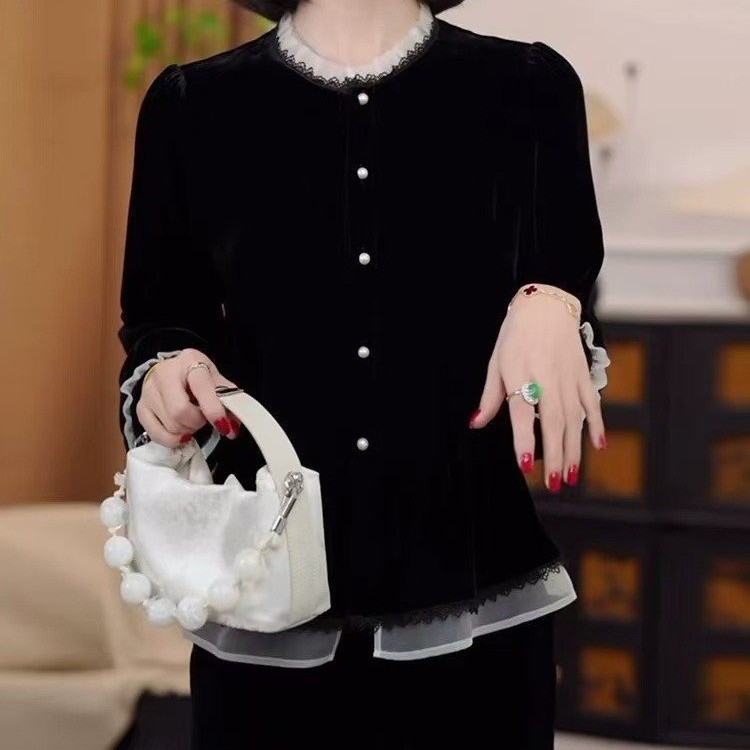 Ženska bluza s francuskim volanima, jesenska moda, elegantna i ležerna, crna baršunasta bluza