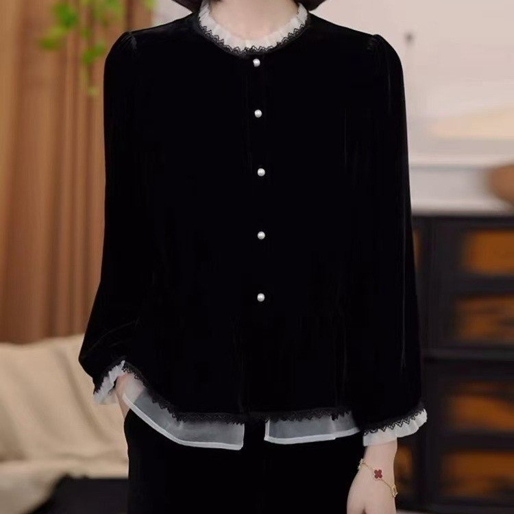 Ženska bluza s francuskim volanima, jesenska moda, elegantna i ležerna, crna baršunasta bluza