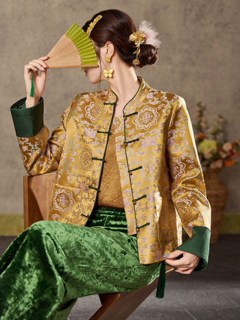 Női kínai stílusú jacquard mintás felső, gombos záródás, őszi elegáns dizájn N8035