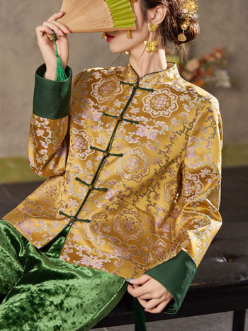 Női kínai stílusú jacquard mintás felső, gombos záródás, őszi elegáns dizájn N8035