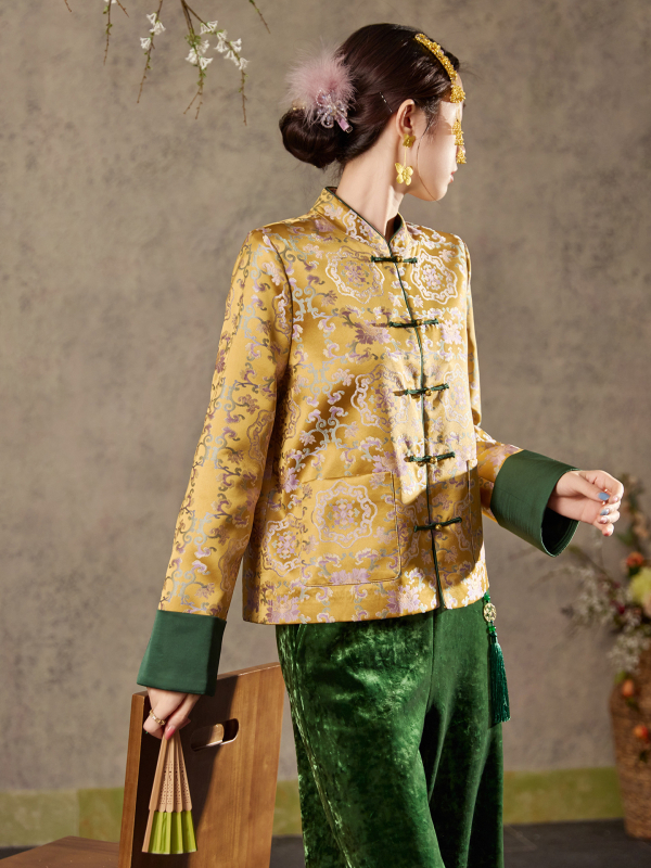 Női kínai stílusú jacquard mintás felső, gombos záródás, őszi elegáns dizájn N8035