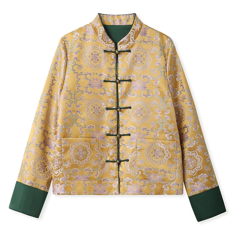 Női kínai stílusú jacquard mintás felső, gombos záródás, őszi elegáns dizájn N8035