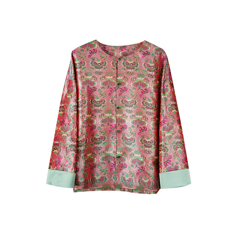 Žensko sako od svile brokata u kineskom stilu, ležernog kroja, dugi rukavi, okrugli ovratnik, jacquard uzorak
