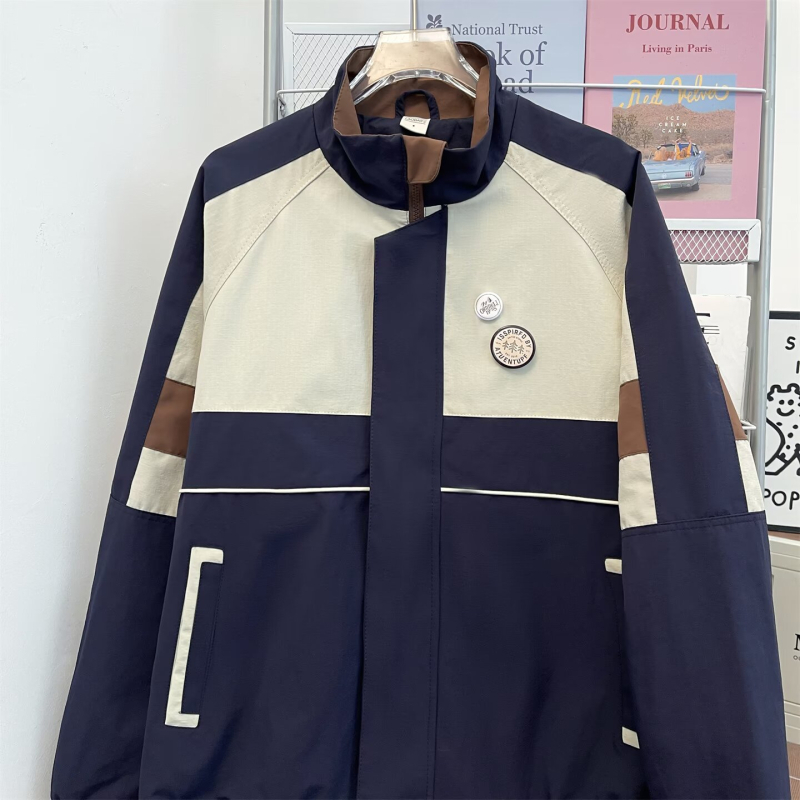 Férfi baseball dzseki színblokkokkal és álló gallérral, őszi streetwear, laza szabás