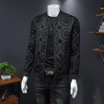 Férfi dzseki cipzárral, slim-fit, koreai stílus, hímzett minta, flockos textúra, mindennapi külső ruházat