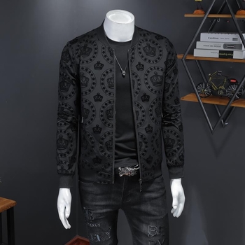 Férfi dzseki cipzárral, slim-fit, koreai stílus, hímzett minta, flockos textúra, mindennapi külső ruházat