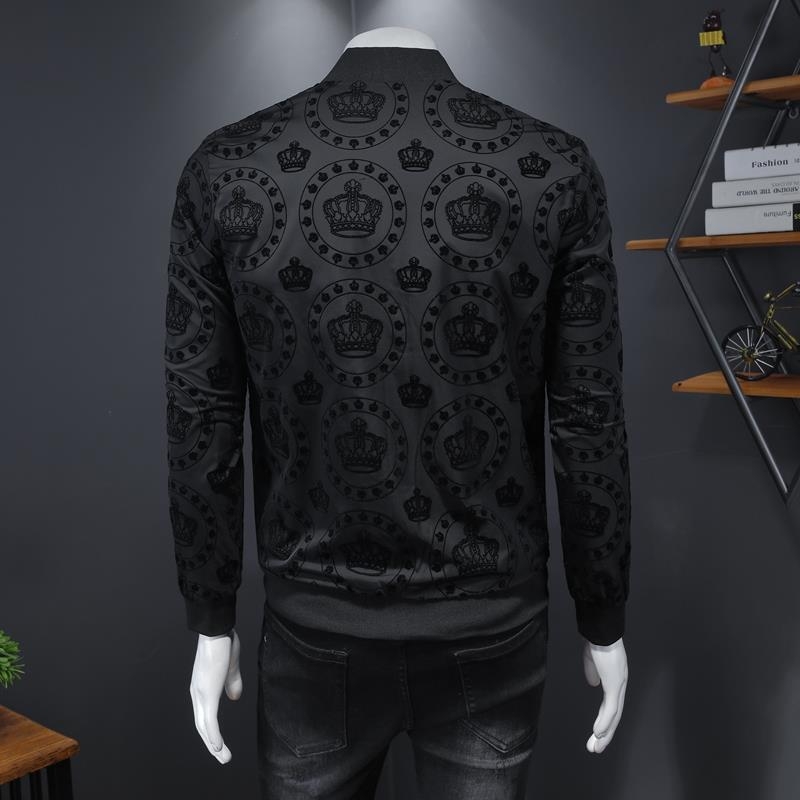 Férfi dzseki cipzárral, slim-fit, koreai stílus, hímzett minta, flockos textúra, mindennapi külső ruházat