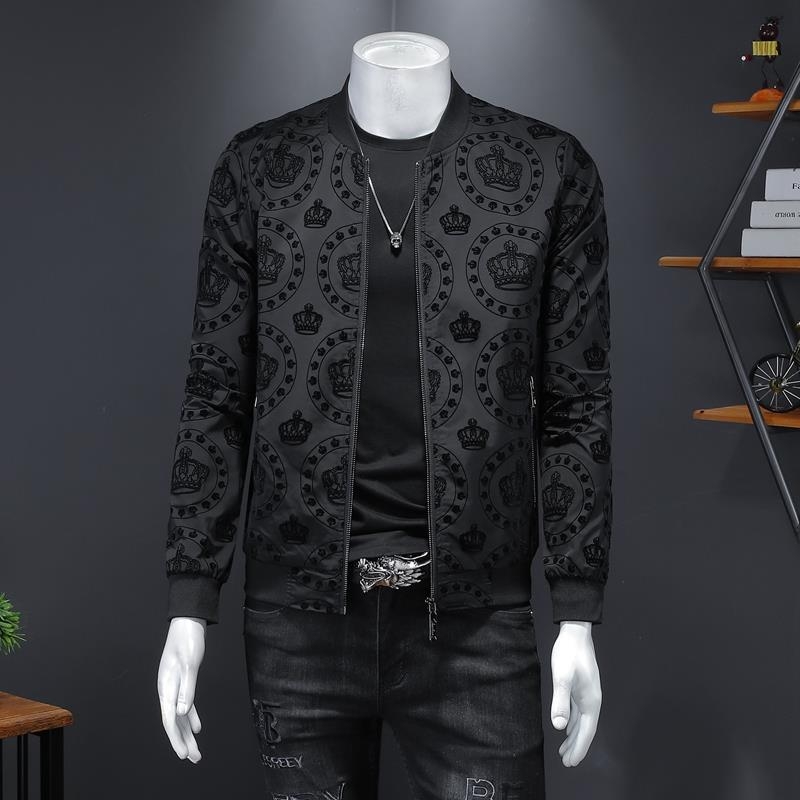 Férfi dzseki cipzárral, slim-fit, koreai stílus, hímzett minta, flockos textúra, mindennapi külső ruházat