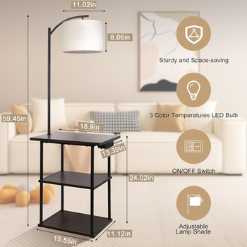 LED podna lampa s platnenim abažurom i policom za izlaganje, USB punjenje