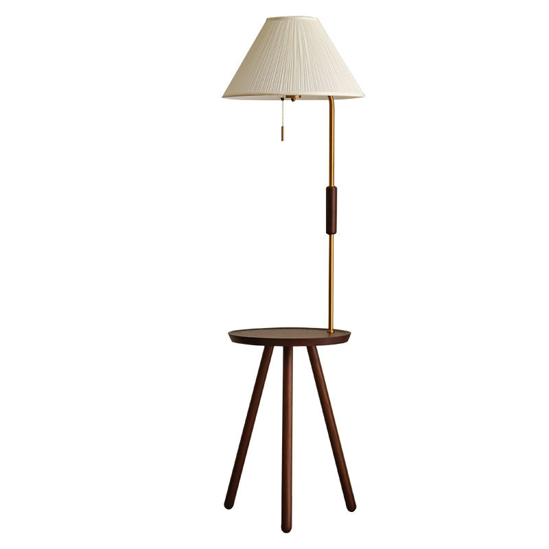 Podna lampa s integriranom skladišnom policom, masivno drvo, retro stil sredine stoljeća, pogodna za dnevni boravak i spavaću sobu