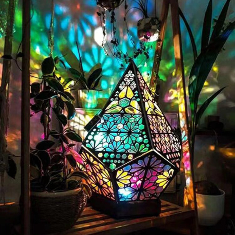 PolarStar LED projektor zvjezdanog neba, drveni okvir u obliku dijamanta, boemski stil, stojeća lampa