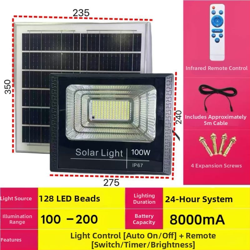 Solarni reflektor za kućni dvorište, vanjsko LED rasvjetno svjetlo visoke snage, IP67 vodootporno, višenamjensko, s daljinskim upravljačem