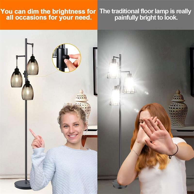 Stojeća LED lampa s tri izvora svjetla, neprekidno podešavanje jačine, industrijski retro američki country stil, pogodna za dnevni boravak i spavaću sobu