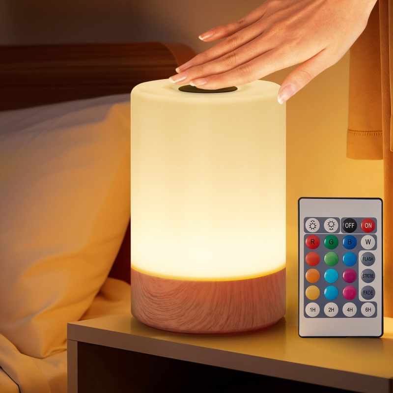 Stolna lampa s drvenim uzorkom, dodirnim i daljinskim upravljanjem, noćna lampica, 13 boja LED, podesiva