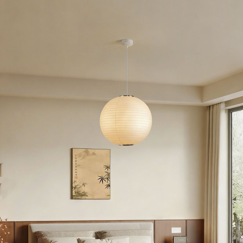 Vintage visilica s okruglim sjenilom od rižinog papira, japanski Wabi-Sabi, retro minimalističko osvjetljenje za dnevni boravak ili spavaću sobu