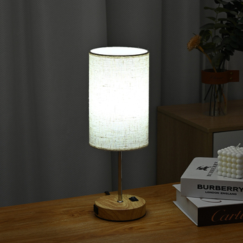 Stolna lampa s reljefom od lana i drvenim uzorkom, tri boje temperature svjetla, američki standard, noćna lampica za spavaću sobu i radnu sobu