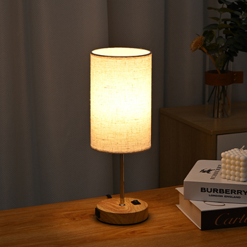 Stolna lampa s reljefom od lana i drvenim uzorkom, tri boje temperature svjetla, američki standard, noćna lampica za spavaću sobu i radnu sobu