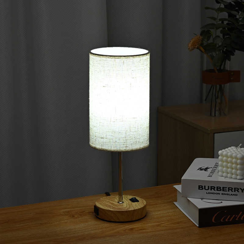 Stolna lampa s reljefom od lana i drvenim uzorkom, tri boje temperature svjetla, američki standard, noćna lampica za spavaću sobu i radnu sobu