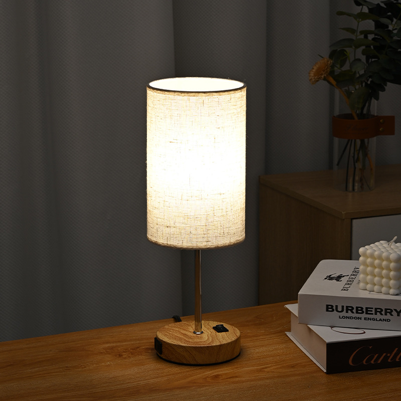 Stolna lampa s reljefom od lana i drvenim uzorkom, tri boje temperature svjetla, američki standard, noćna lampica za spavaću sobu i radnu sobu