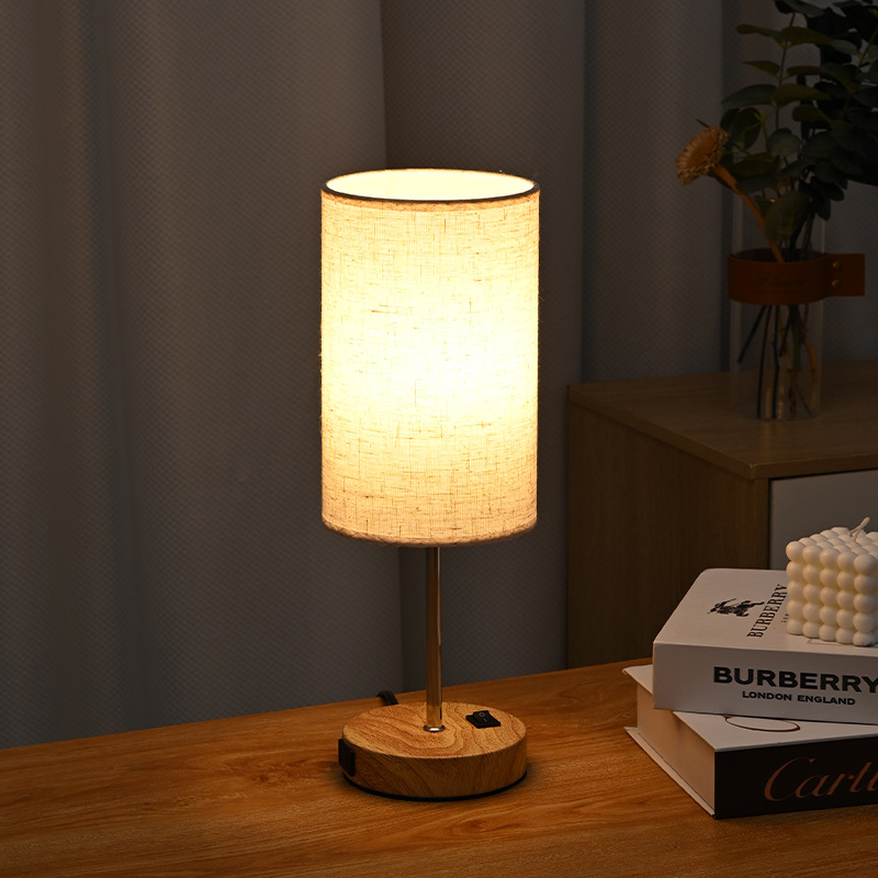 Stolna lampa s reljefom od lana i drvenim uzorkom, tri boje temperature svjetla, američki standard, noćna lampica za spavaću sobu i radnu sobu