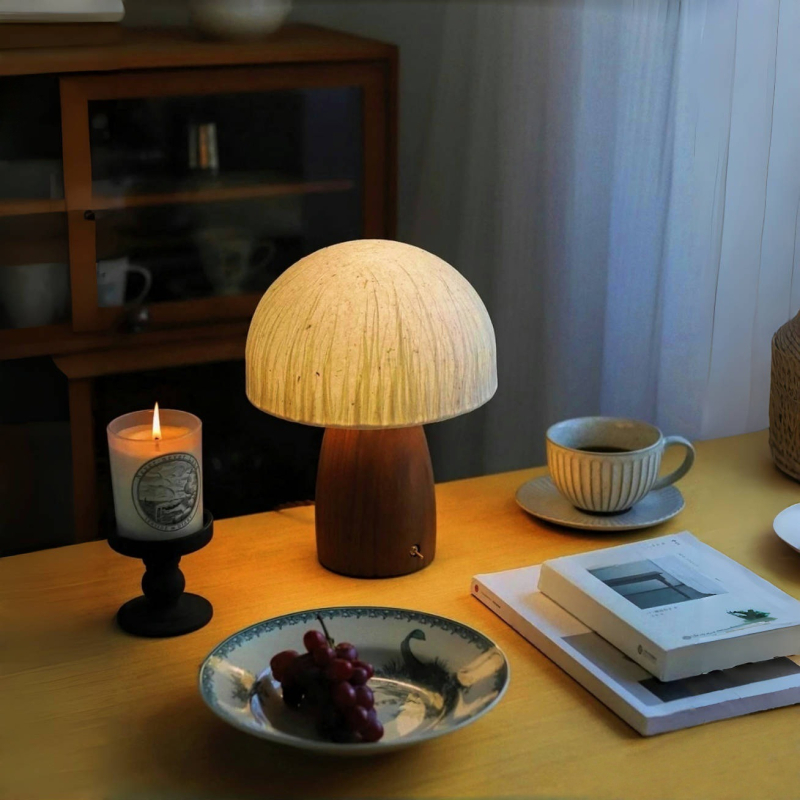 Francuski stil vintage stolna lampa, retro gljiva oblika, orah završna obrada, ambijentalno osvjetljenje za dnevnu sobu i spavaću sobu, nadahnuto wabi-sabi.