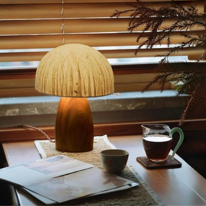 Francuski stil vintage stolna lampa, retro gljiva oblika, orah završna obrada, ambijentalno osvjetljenje za dnevnu sobu i spavaću sobu, nadahnuto wabi-sabi.