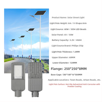 6 m solárne uličné svetlo s Yramenným ramenom, 60 W LED, oceľová konštrukcia, pre vidiecke cesty a verejné priestory