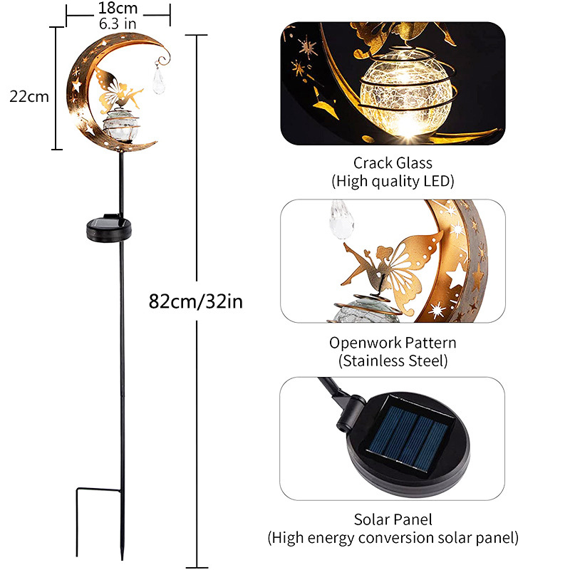 Vanjska solarna lampica za travnjak s motivom Moon Elf, dekorativna vrtna svjetiljka od kovanog željeza s prorezanim uzorkom, zemalni floodlight