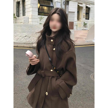 Női barna gyapjú kabát magas gallérral, koreai retro stílusú, rövid, hétköznapi téli kabát.