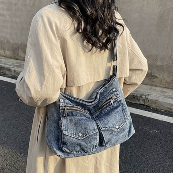 Vintage ženska džins torba za rame, velika kapaciteta, crossbody torba s dvostrukim džepovima