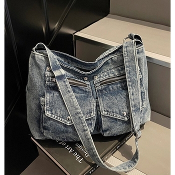 Vintage ženska džins torba za rame, velika kapaciteta, crossbody torba s dvostrukim džepovima