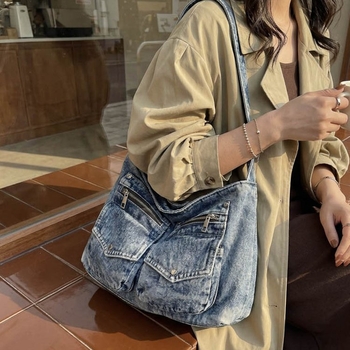 Vintage ženska džins torba za rame, velika kapaciteta, crossbody torba s dvostrukim džepovima