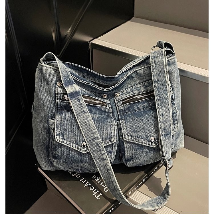 Vintage ženska džins torba za rame, velika kapaciteta, crossbody torba s dvostrukim džepovima