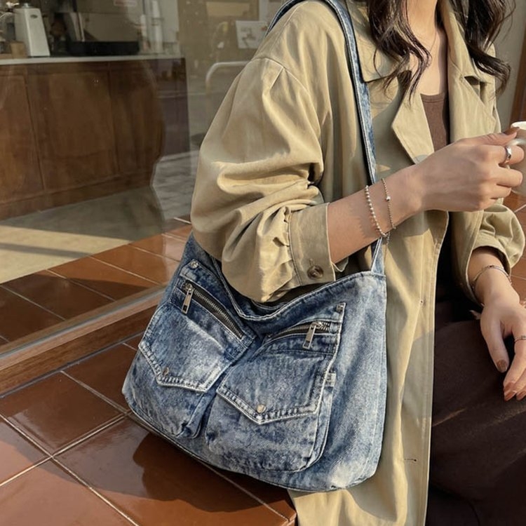 Vintage ženska džins torba za rame, velika kapaciteta, crossbody torba s dvostrukim džepovima