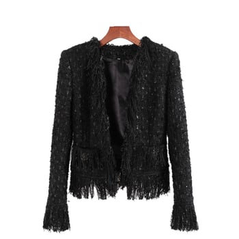 Ženska jakna od vunenog tweeda za jesen-zimu, inspirirana Chanelom, haute couture, s resicama i svjetlim heklanim uzorcima, uski kroj
