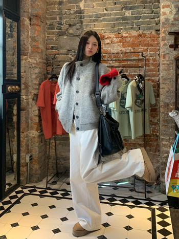Ženski sivi tweed kaput za proljeće, korejski stil, ležeran kroj, dojam vrhunske kvalitete