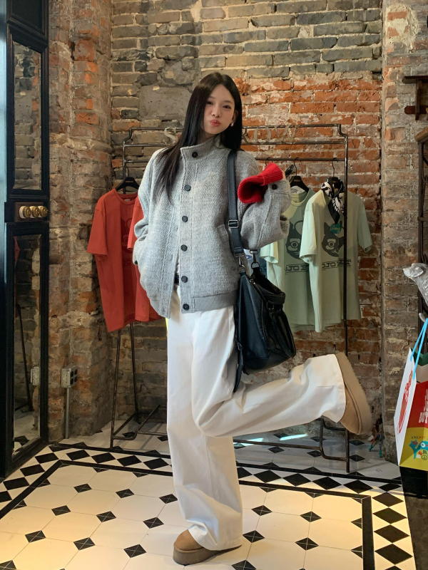 Ženski sivi tweed kaput za proljeće, korejski stil, ležeran kroj, dojam vrhunske kvalitete