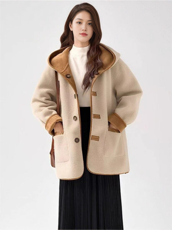 Női kapucnis shearling kabát, kétoldalas, kényelmes, vastag, kis méret, téli 2025 modell