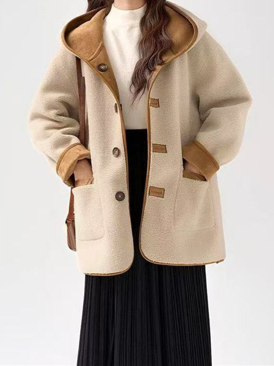 Női kapucnis shearling kabát, kétoldalas, kényelmes, vastag, kis méret, téli 2025 modell