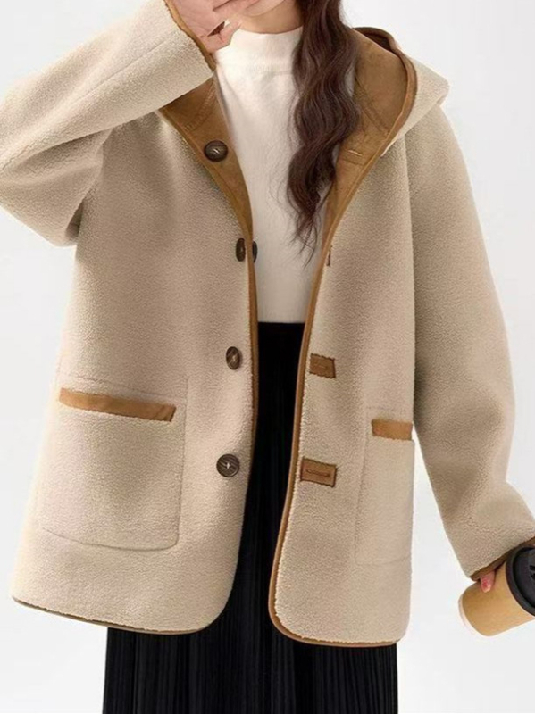 Női kapucnis shearling kabát, kétoldalas, kényelmes, vastag, kis méret, téli 2025 modell