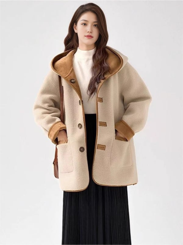 Női kapucnis shearling kabát, kétoldalas, kényelmes, vastag, kis méret, téli 2025 modell