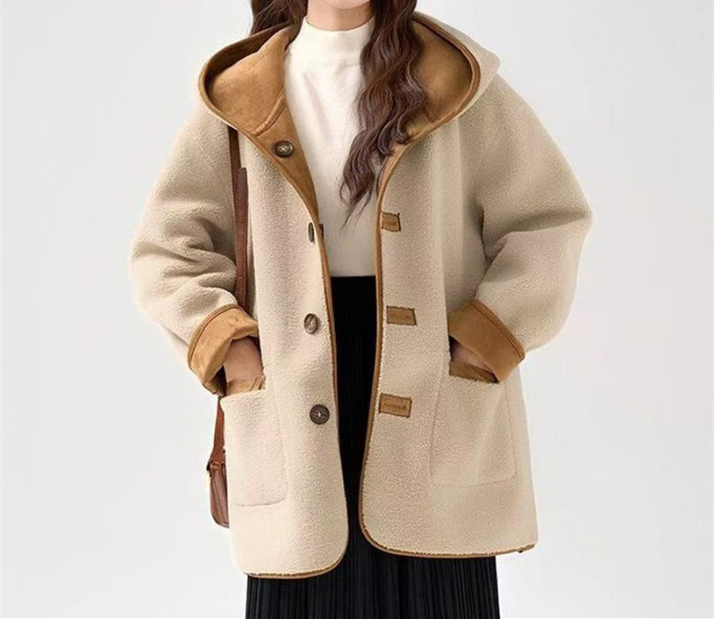 Női kapucnis shearling kabát, kétoldalas, kényelmes, vastag, kis méret, téli 2025 modell