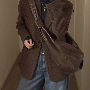 2025 Toamnă/Iarnă Jachetă de costum cu model herringbone Maillard, croială Slim, palton din lână în stil coreean