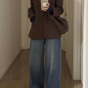 2025 Toamnă/Iarnă Jachetă de costum cu model herringbone Maillard, croială Slim, palton din lână în stil coreean