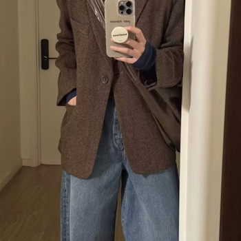 2025 Toamnă/Iarnă Jachetă de costum cu model herringbone Maillard, croială Slim, palton din lână în stil coreean