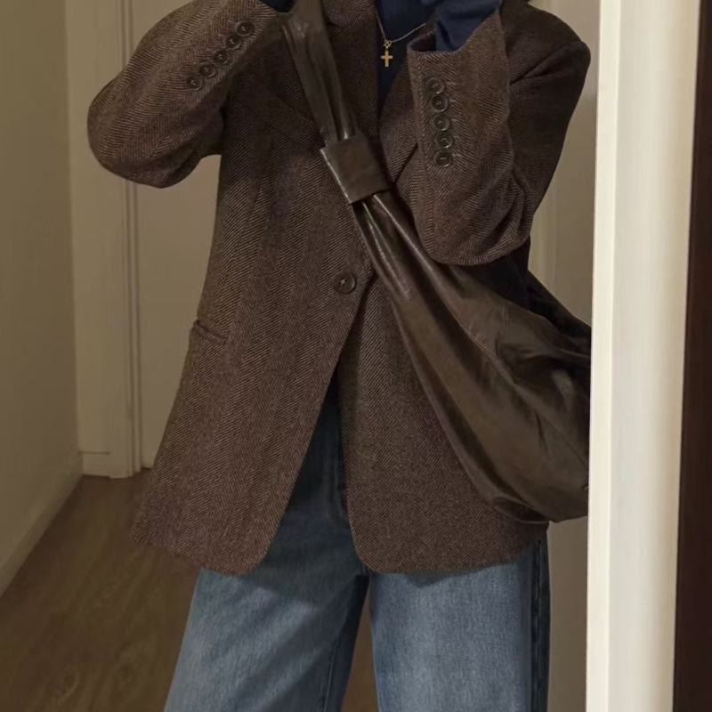 2025 Toamnă/Iarnă Jachetă de costum cu model herringbone Maillard, croială Slim, palton din lână în stil coreean