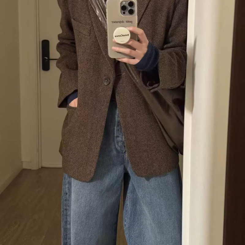 2025 Toamnă/Iarnă Jachetă de costum cu model herringbone Maillard, croială Slim, palton din lână în stil coreean
